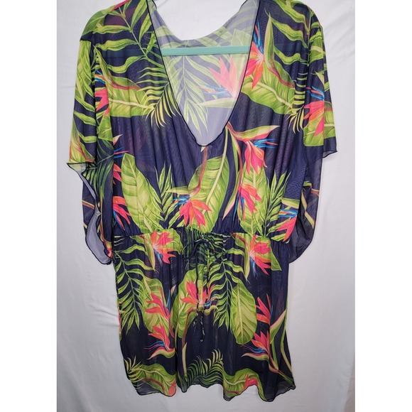 Womens 3XL Tropical Print Sheer Swimsuit Cover Up V‎ Neck Drawstring Wing Arms - Picture 1 of 10